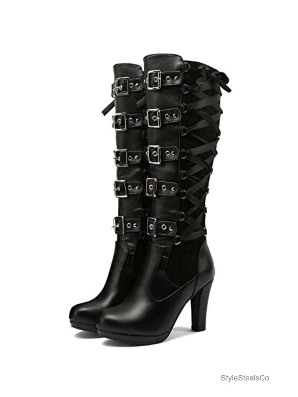 Women Lace Up Knee High Boots Block Heel Buckle Synthetic Goth